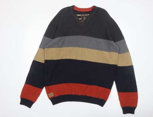 Point Zero Men’s Multicoloured XL Henley Striped Cotton Jumper