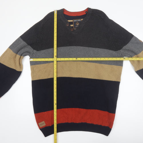 Point Zero Men’s Multicoloured XL Henley Striped Cotton Jumper