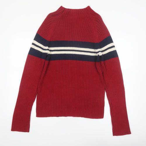 St. John's Bay Men's Red Cotton Ribbed Striped Mock Neck Jumper M