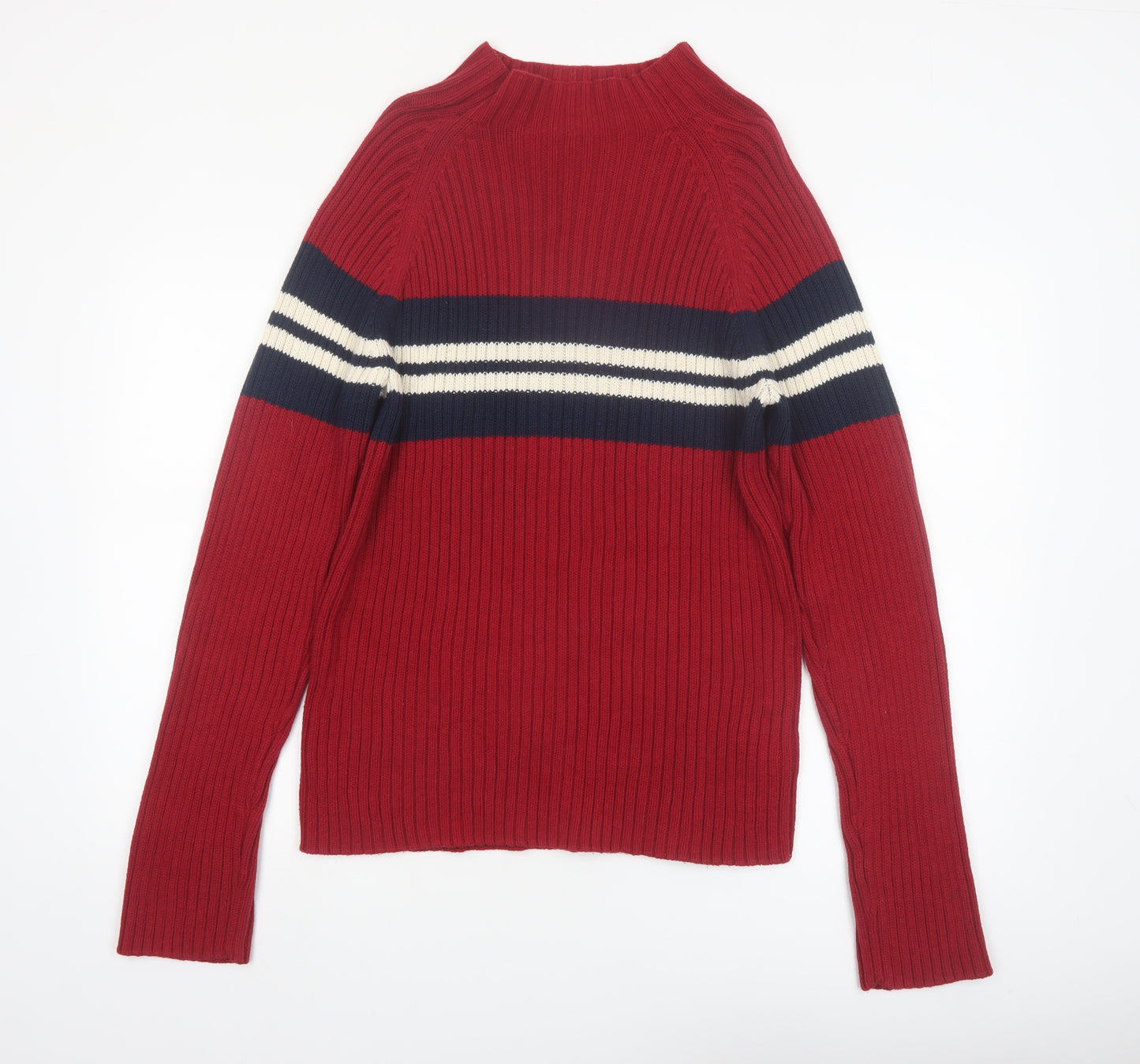 St. John's Bay Men's Red Cotton Ribbed Striped Mock Neck Jumper M