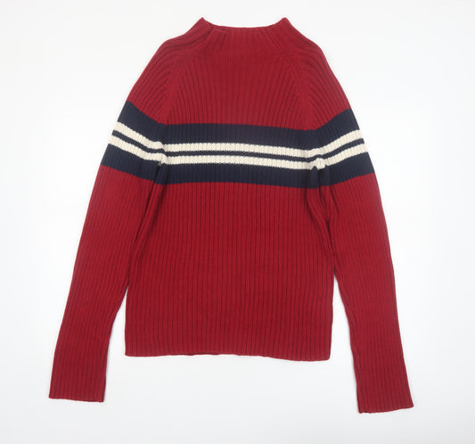 St. John's Bay Men's Red Cotton Ribbed Striped Mock Neck Jumper M