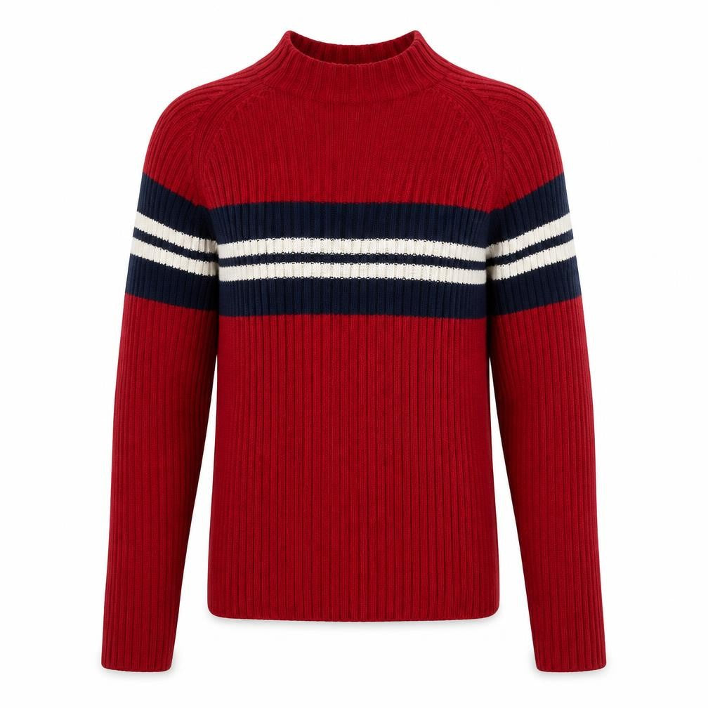 St. John's Bay Men's Red Cotton Ribbed Striped Mock Neck Jumper M