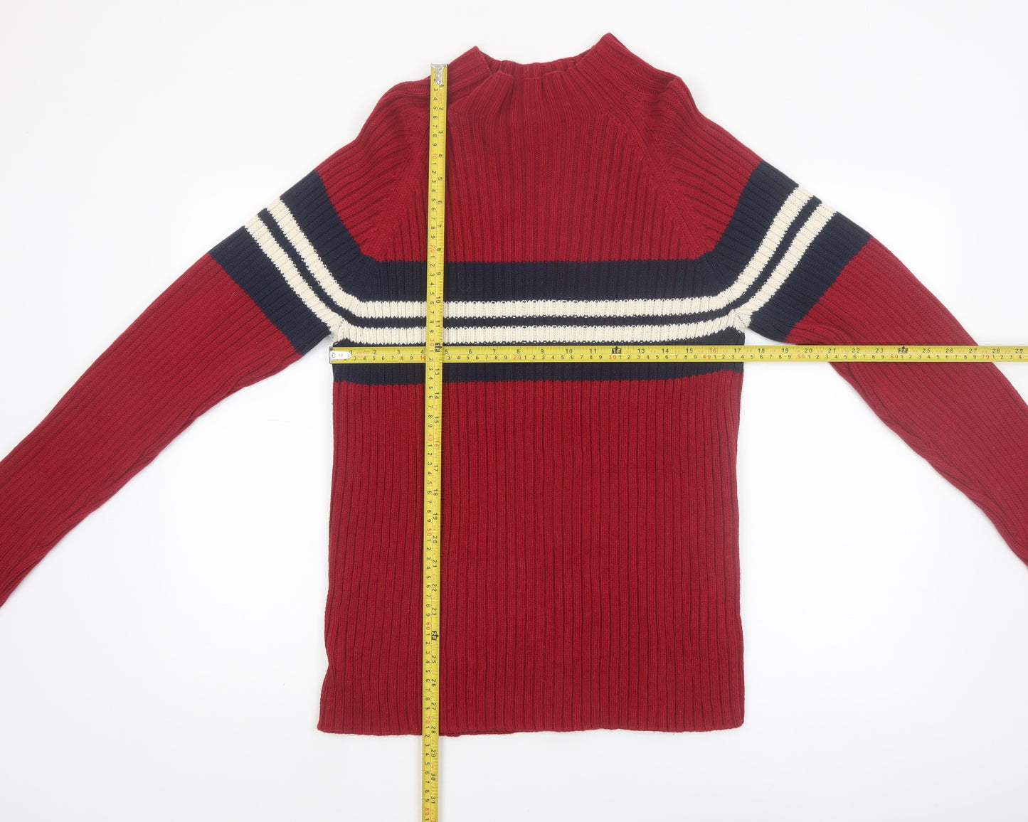 St. John's Bay Men's Red Cotton Ribbed Striped Mock Neck Jumper M