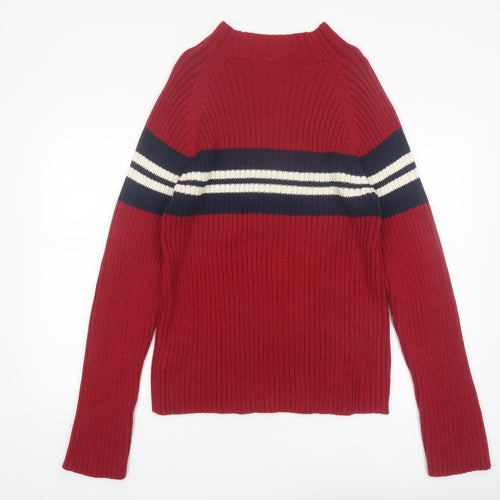 St. John's Bay Men's Red Cotton Ribbed Striped Mock Neck Jumper M