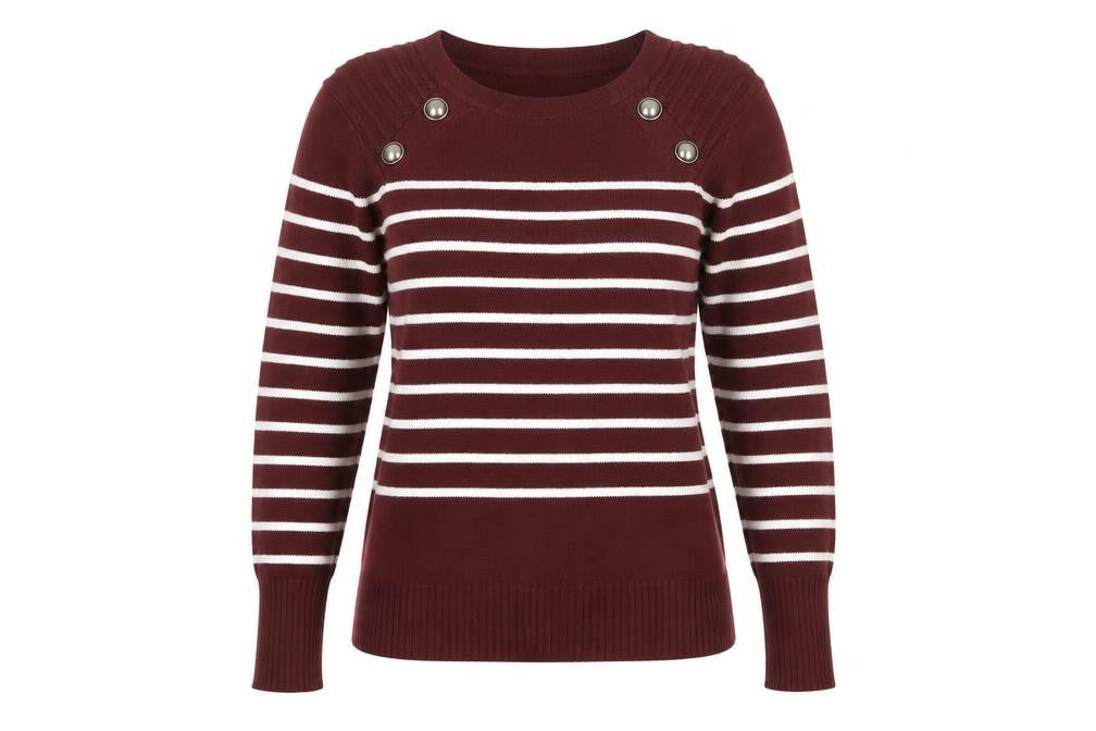 Front view of PattyBoutik Women Red Striped Crew Neck Long Sleeve jumper, size 12