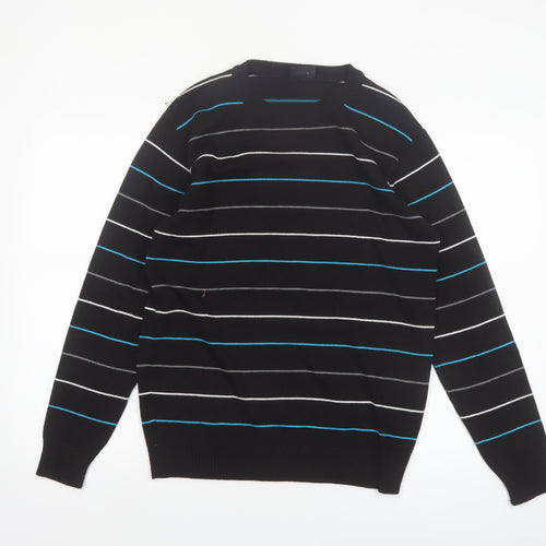 Enzo Fontana Men’s Black Striped Cotton Blend Crew Neck Jumper L