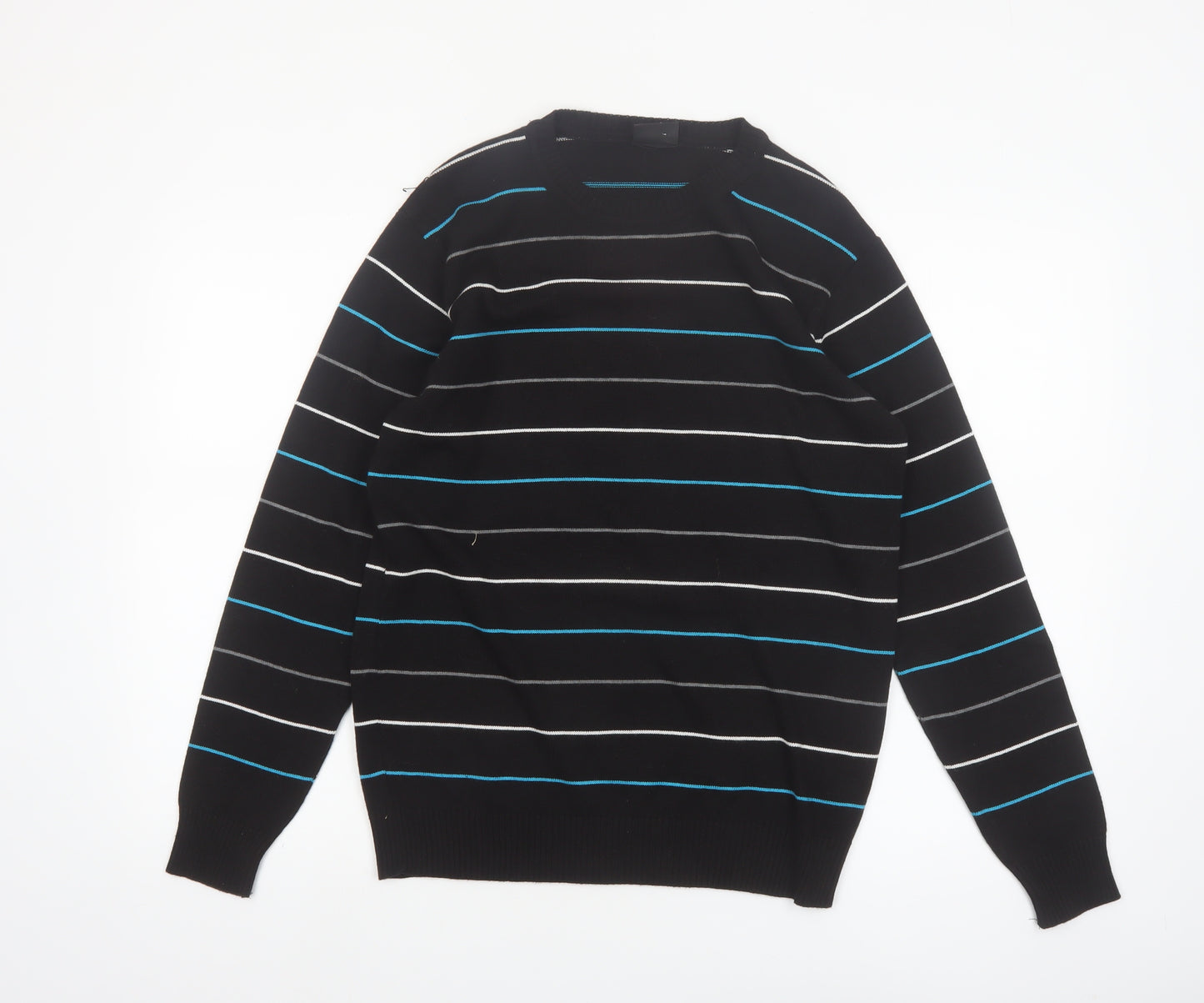 Enzo Fontana Men’s Black Striped Cotton Blend Crew Neck Jumper L