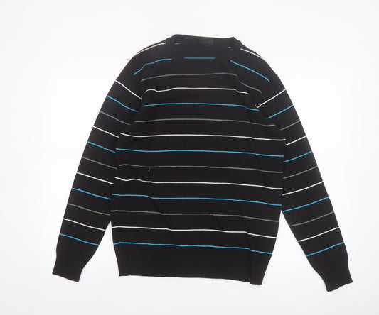 Enzo Fontana Men’s Black Striped Cotton Blend Crew Neck Jumper L