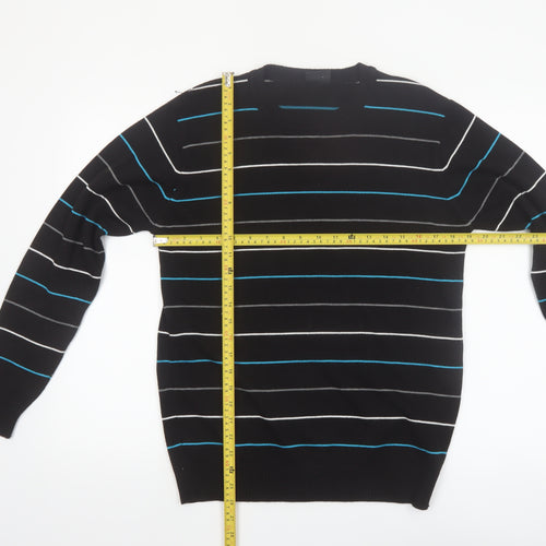 Enzo Fontana Men’s Black Striped Cotton Blend Crew Neck Jumper L