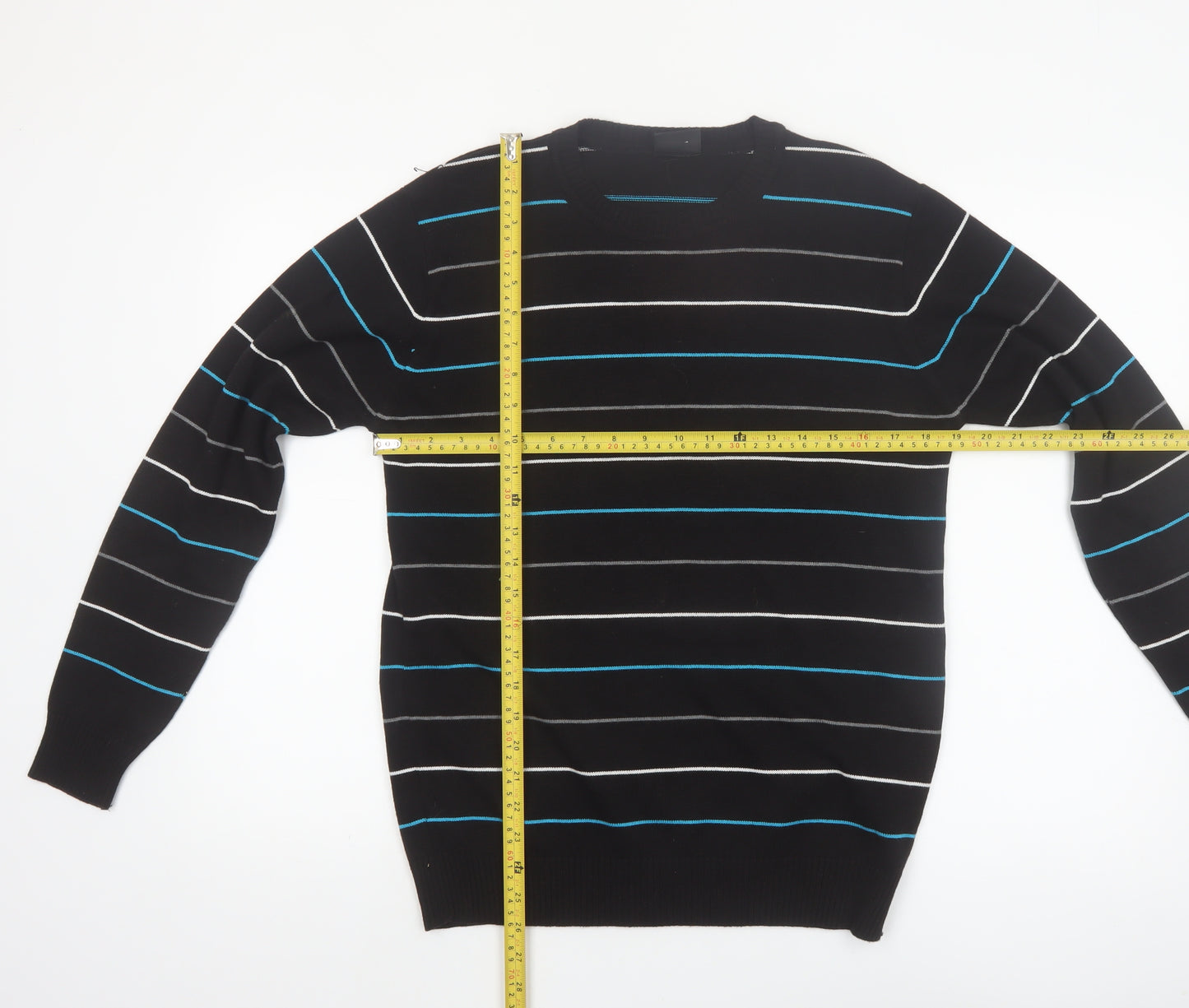 Enzo Fontana Men’s Black Striped Cotton Blend Crew Neck Jumper L