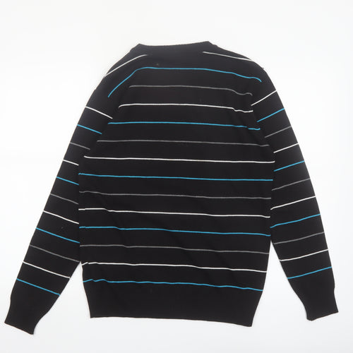 Enzo Fontana Men’s Black Striped Cotton Blend Crew Neck Jumper L