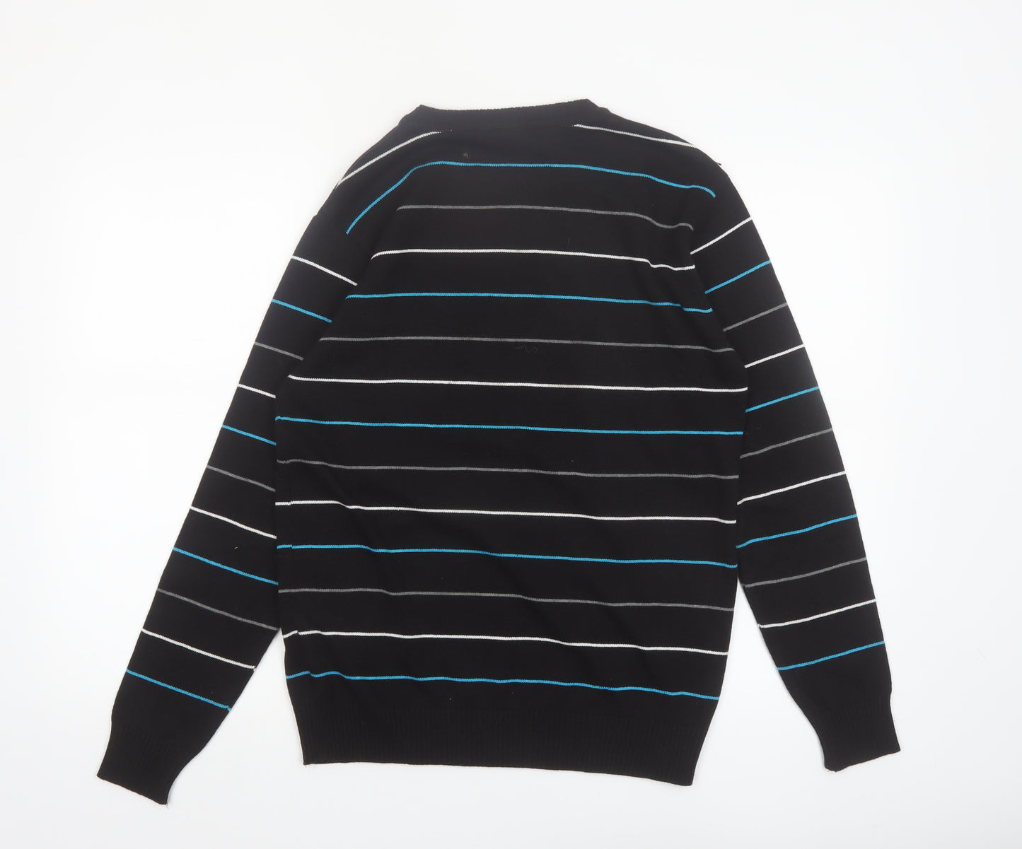 Enzo Fontana Men’s Black Striped Cotton Blend Crew Neck Jumper L