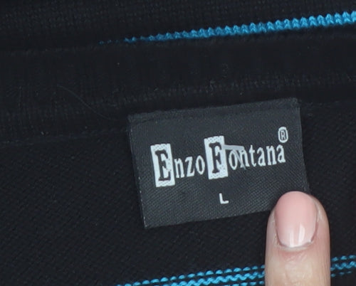 Enzo Fontana Men’s Black Striped Cotton Blend Crew Neck Jumper L