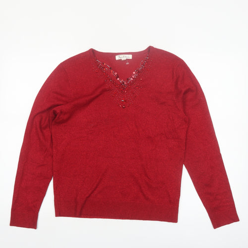 Tradition Women's Red Beaded V-Neck Pullover Jumper Size 8