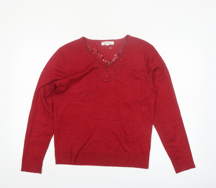 Tradition Women's Red Beaded V-Neck Pullover Jumper Size 8
