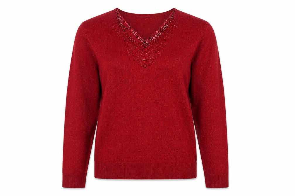 Front view of Tradition Women's Red Beaded V-Neck jumper, size 8