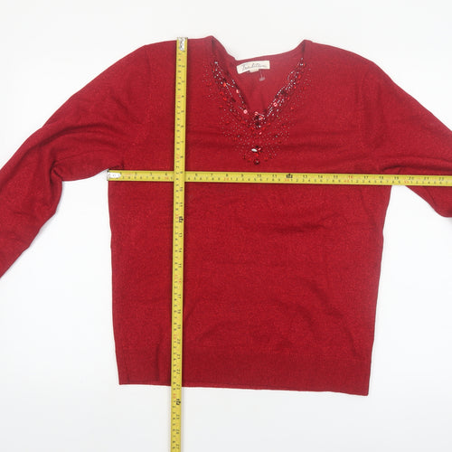 Tradition Women's Red Beaded V-Neck Pullover Jumper Size 8