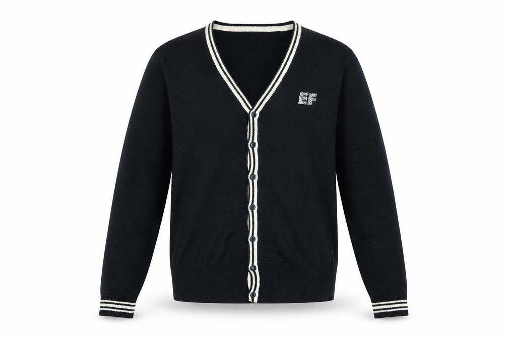 Front view of EF Men Black Cotton V-Neck Button Cardigan, size S