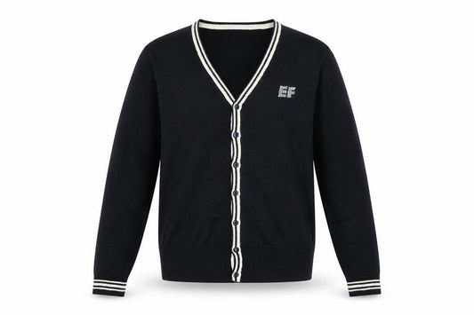 Front view of EF Men Black Cotton V-Neck Button Cardigan, size S