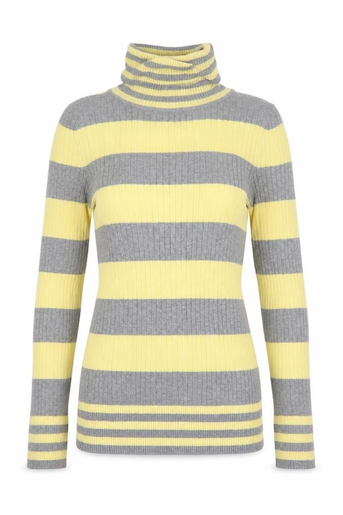 Front view of L.e.i. Teens Yellow Grey Striped Roll Neck Jumper S