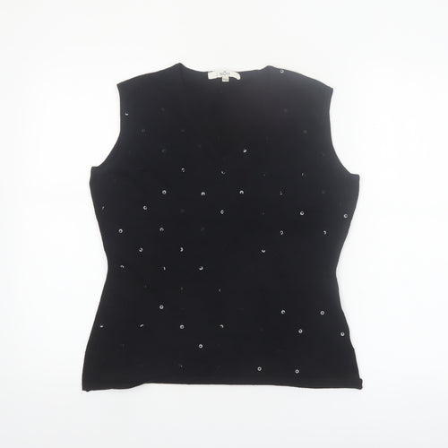 NÖH Women's Black Sleeveless Sequin V-Neck Knit Tank Top Size M