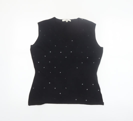 NÖH Women's Black Sleeveless Sequin V-Neck Knit Tank Top Size M