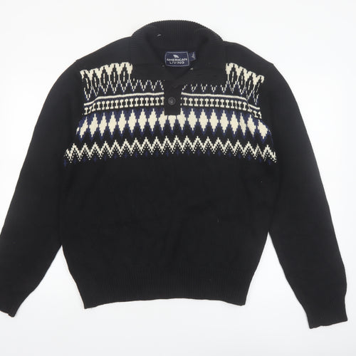 American Living Men’s Black Fair Isle Cotton Henley Jumper L