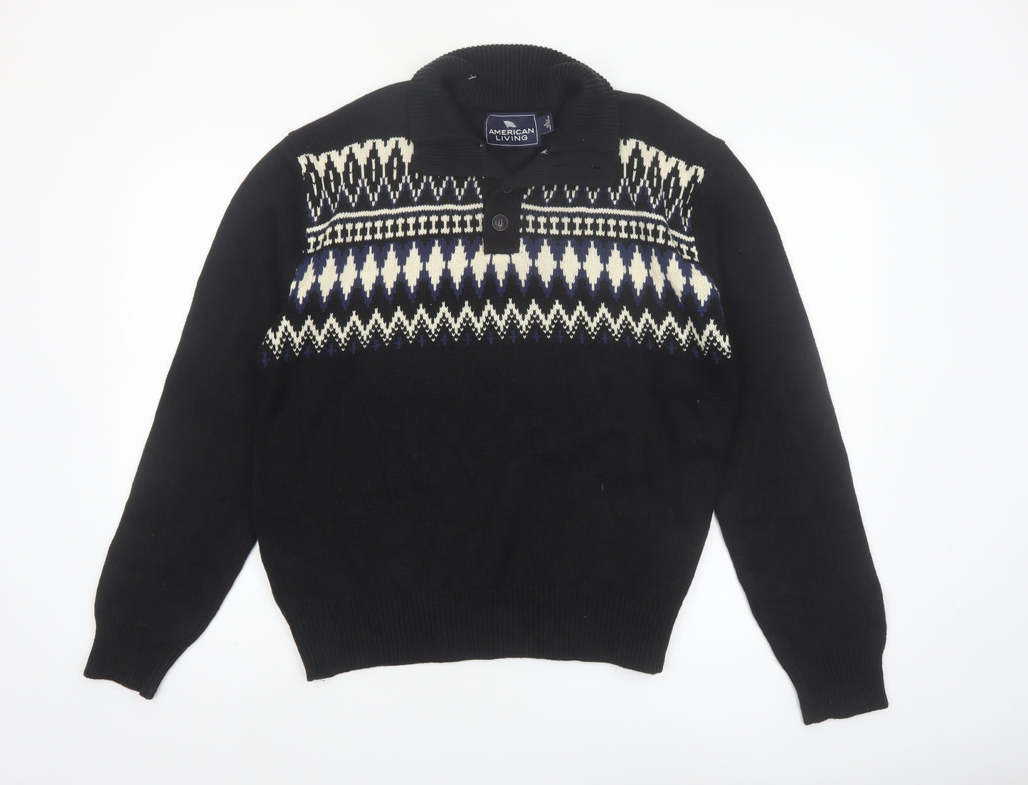 American Living Men’s Black Fair Isle Cotton Henley Jumper L