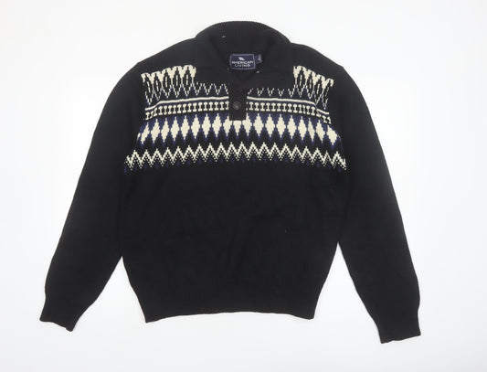 American Living Men’s Black Fair Isle Cotton Henley Jumper L