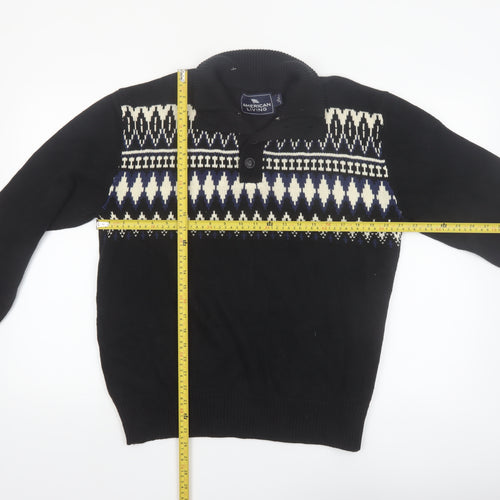 American Living Men’s Black Fair Isle Cotton Henley Jumper L