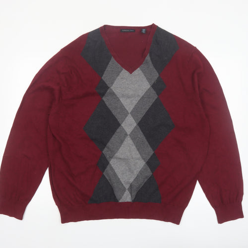 Van Heusen Studio Men's Red Argyle Cotton V-Neck Jumper XL
