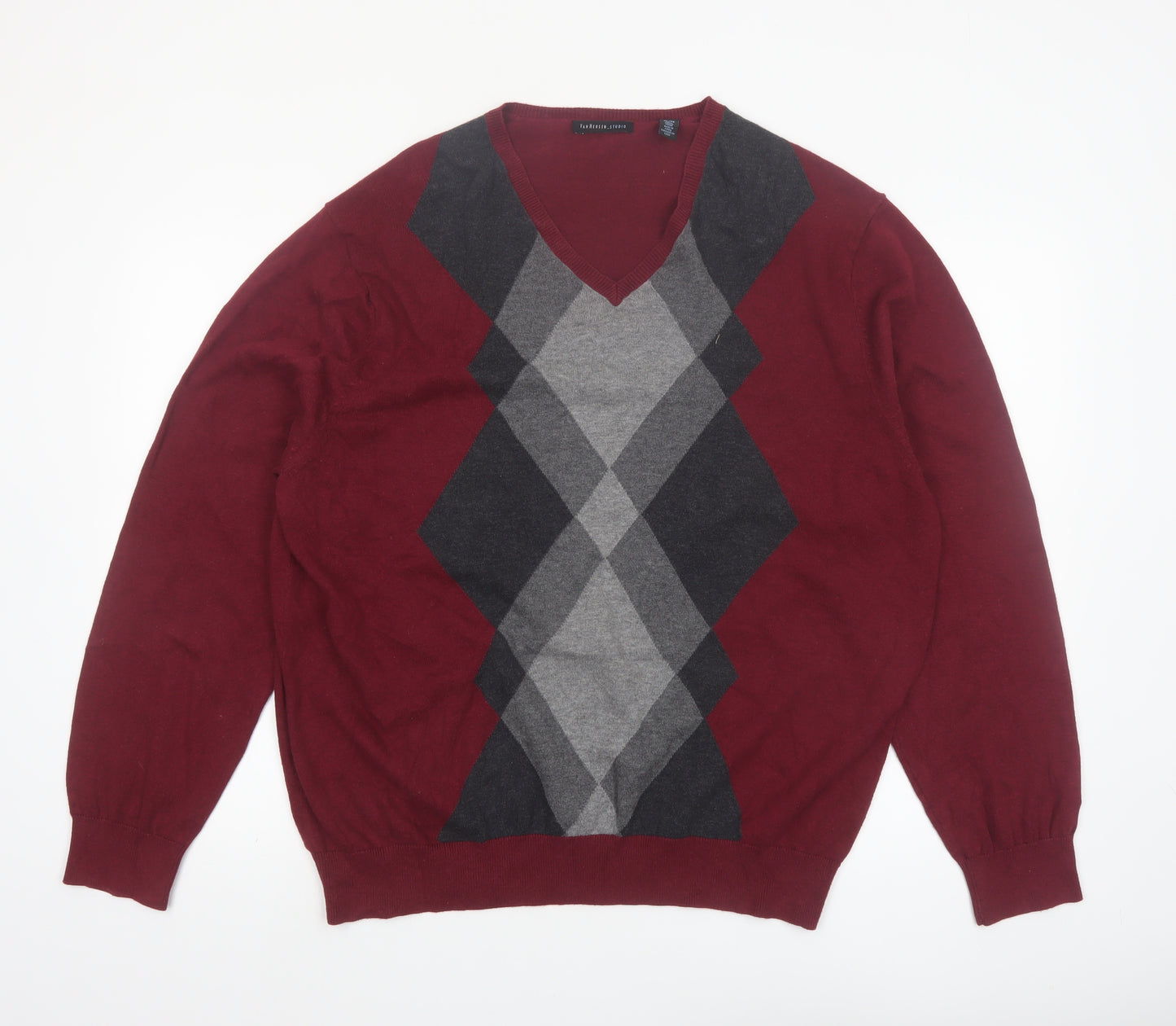 Van Heusen Studio Men's Red Argyle Cotton V-Neck Jumper XL