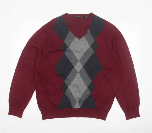Van Heusen Studio Men's Red Argyle Cotton V-Neck Jumper XL
