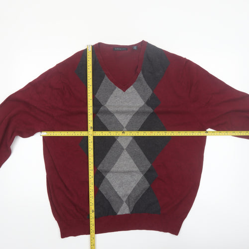 Van Heusen Studio Men's Red Argyle Cotton V-Neck Jumper XL