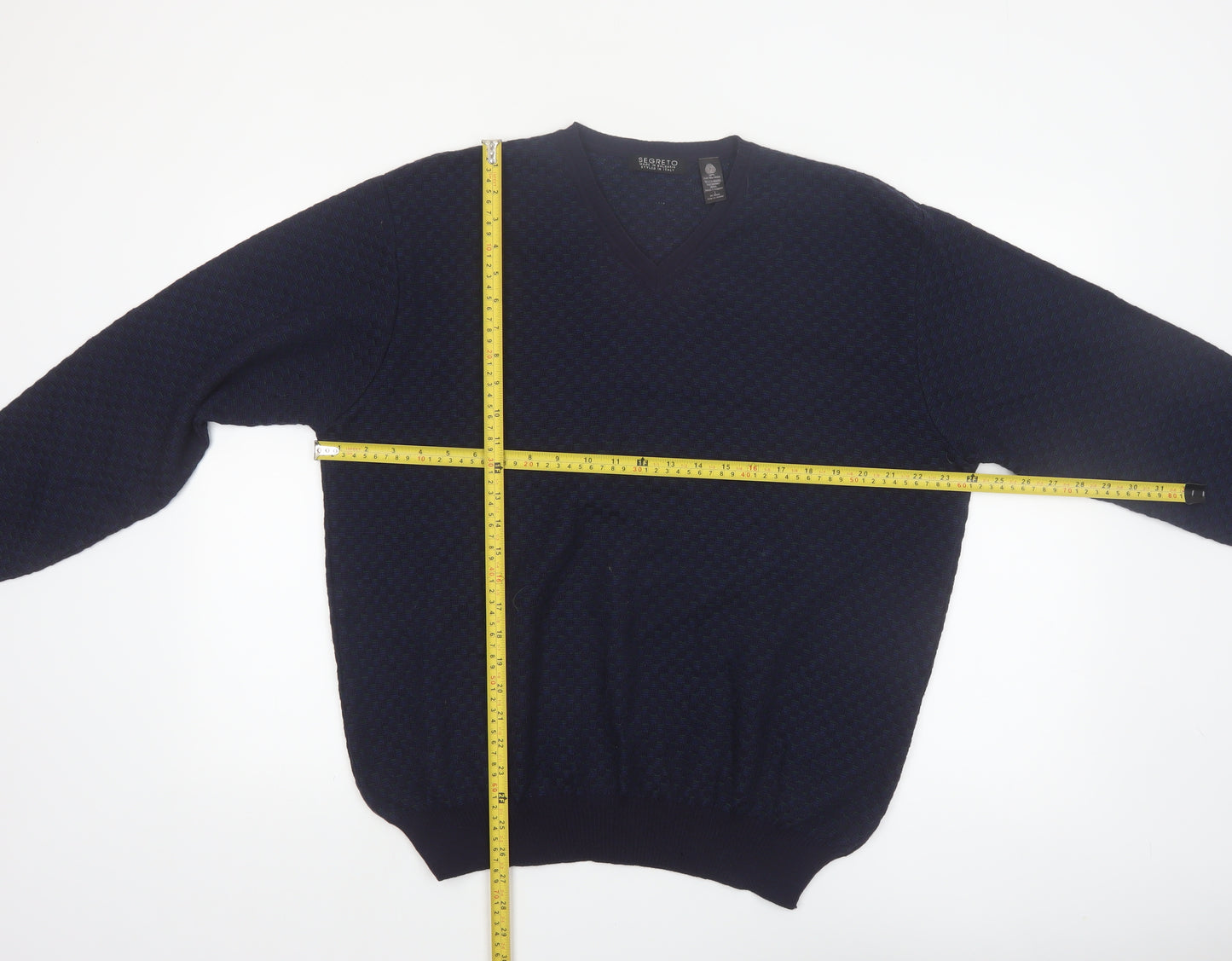 Segreto Men's Blue Wool V-Neck Pullover Jumper Size L