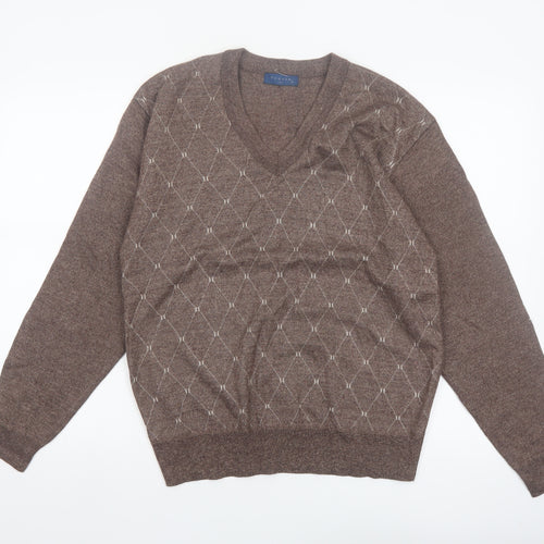Vieste Men's Brown Argyle V-Neck Wool Blend Jumper M
