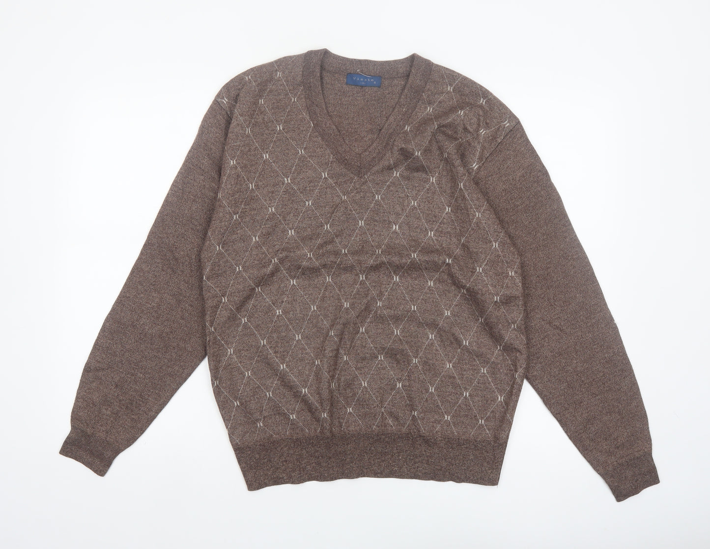 Vieste Men's Brown Argyle V-Neck Wool Blend Jumper M