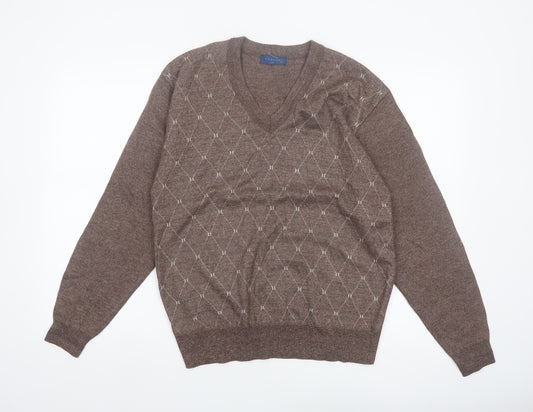 Vieste Men's Brown Argyle V-Neck Wool Blend Jumper M