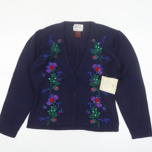Susan Bristol Women's Blue M Hand Embroidered Wool Floral Cardigan