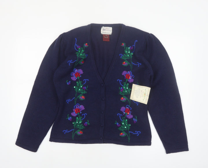 Susan Bristol Women's Blue M Hand Embroidered Wool Floral Cardigan