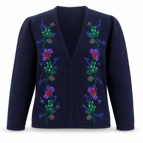 Susan Bristol Women's Blue M Hand Embroidered Wool Floral Cardigan