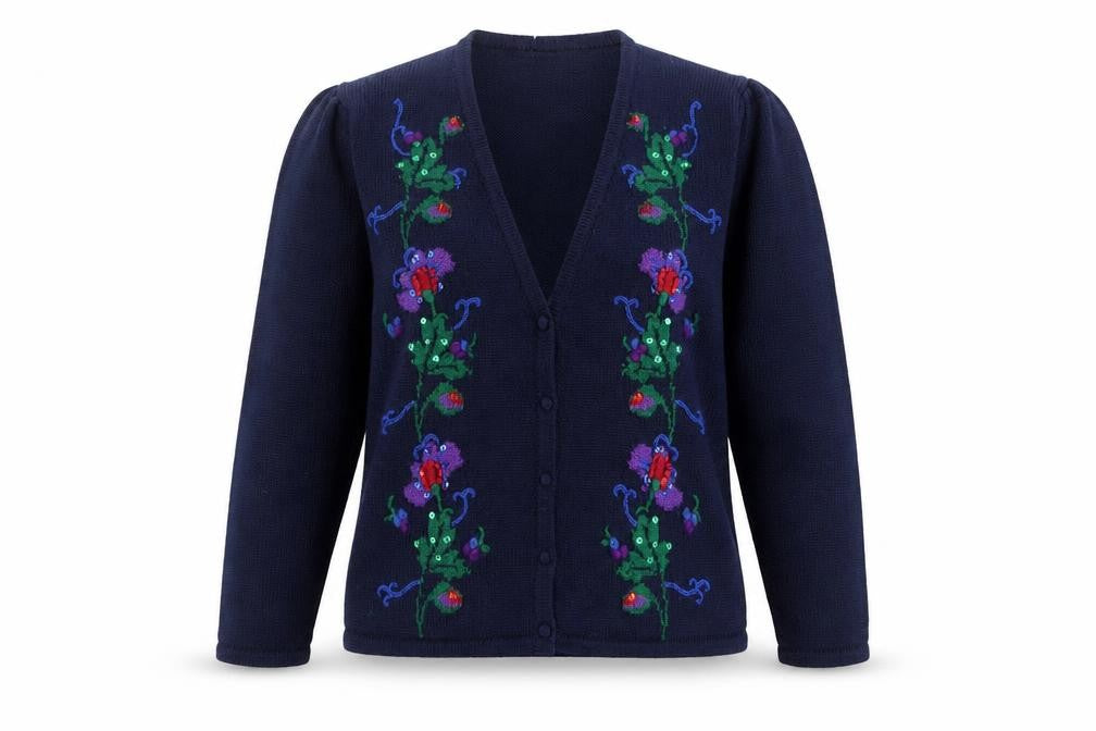 Susan Bristol Women's Blue M Hand Embroidered Wool Floral Cardigan