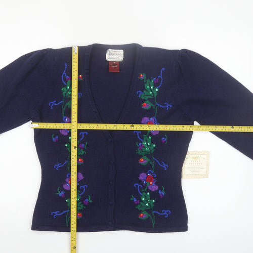 Susan Bristol Women's Blue M Hand Embroidered Wool Floral Cardigan