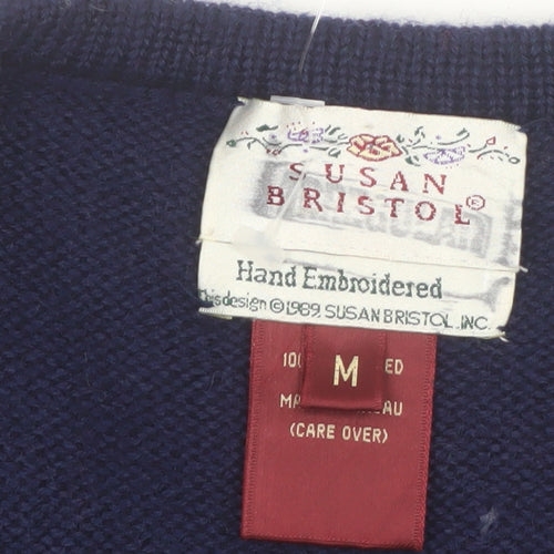 Susan Bristol Women's Blue M Hand Embroidered Wool Floral Cardigan