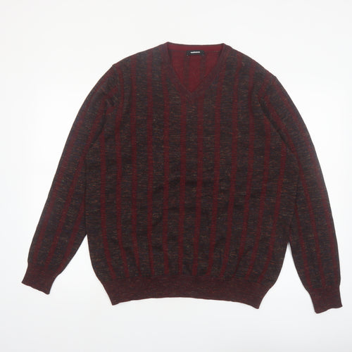 Walbusch Men's Red Striped Wool V-Neck Jumper Size L