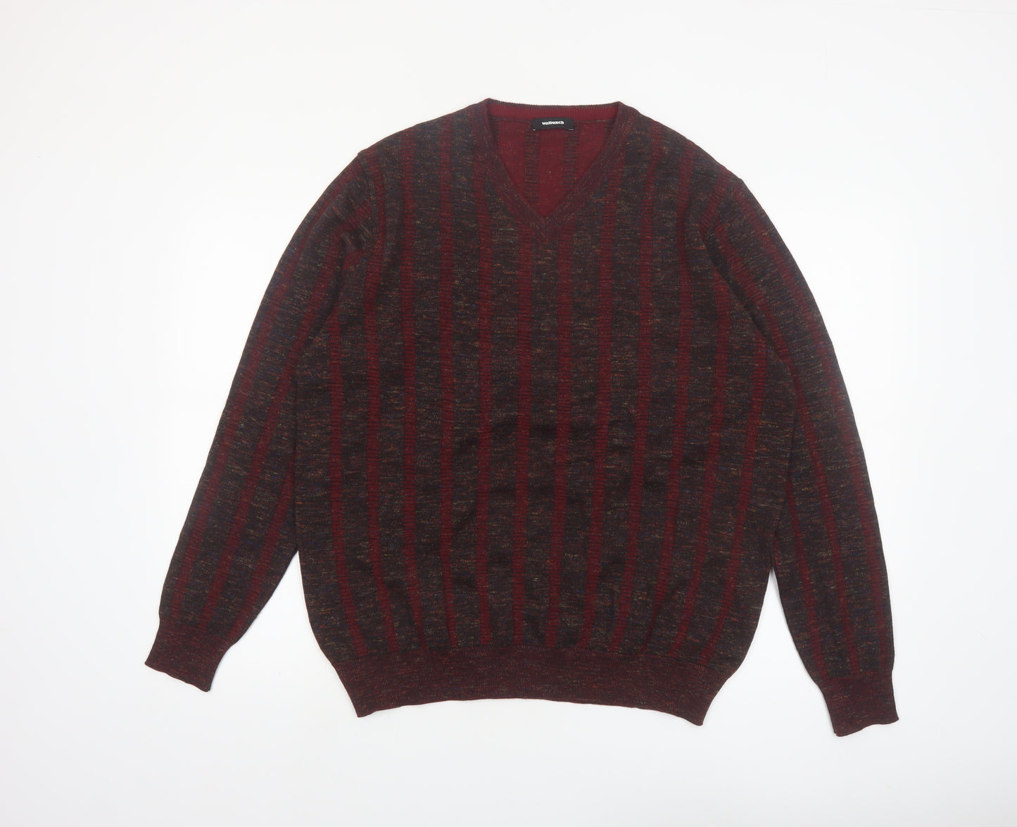 Walbusch Men's Red Striped Wool V-Neck Jumper Size L