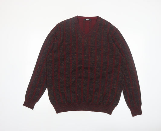 Walbusch Men's Red Striped Wool V-Neck Jumper Size L