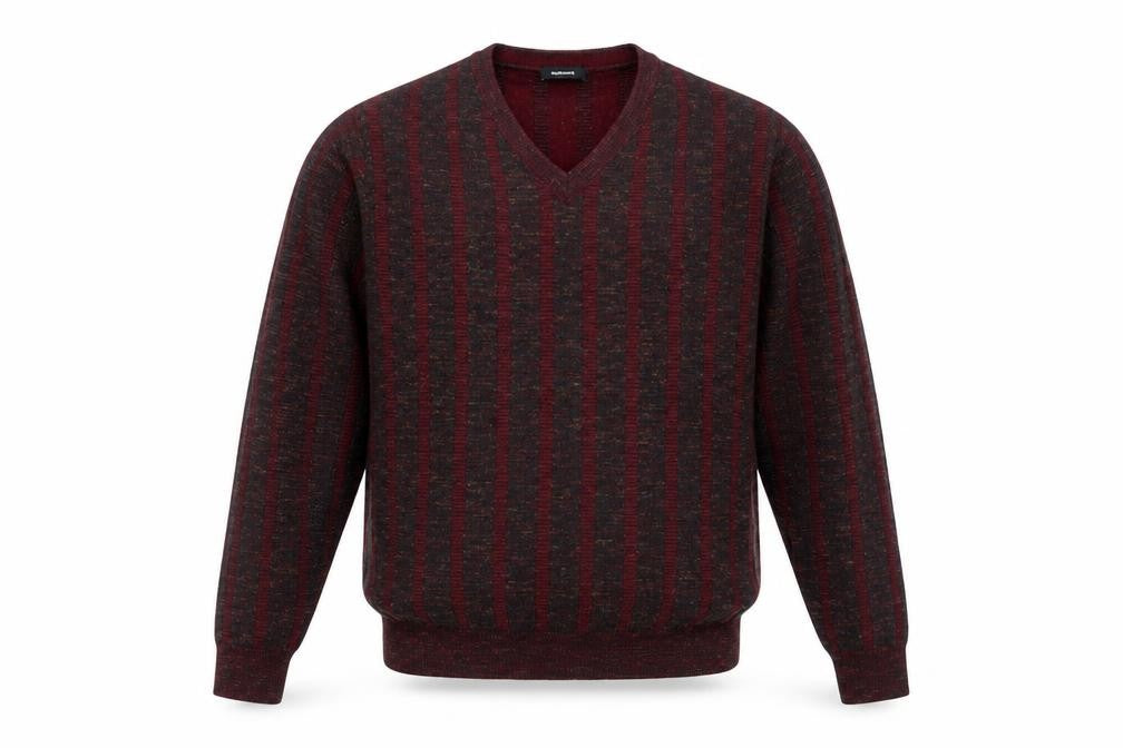 Front view of Walbusch Men's Red Striped Wool V-Neck Jumper, size L