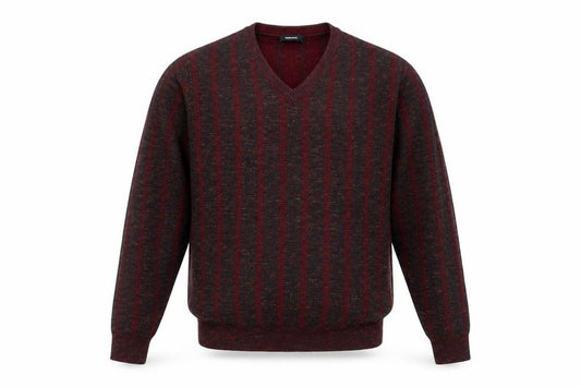 Front view of Walbusch Men's Red Striped Wool V-Neck Jumper, size L