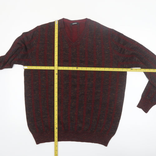 Walbusch Men's Red Striped Wool V-Neck Jumper Size L